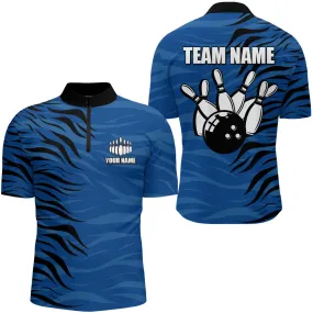 Custom Bowling Quarter-Zip Shirt Blue Bowling Jersey For Men Personalized Bowling League Shirt