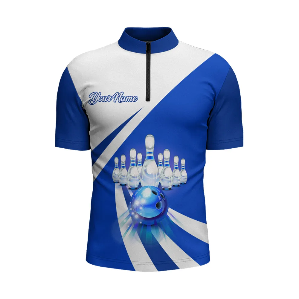 Custom Bowling Quarter Zip Shirt for Men Blue Bowling Jersey Bowling Team League Shirt, Gift for Bowling Lovers