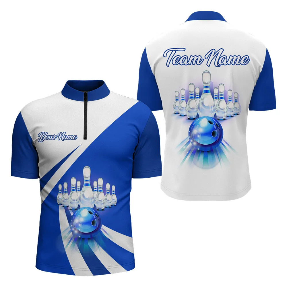 Custom Bowling Quarter Zip Shirt for Men Blue Bowling Jersey Bowling Team League Shirt, Gift for Bowling Lovers