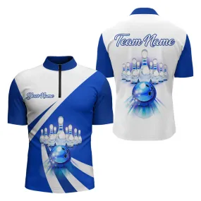 Custom Bowling Quarter Zip Shirt for Men Blue Bowling Jersey Bowling Team League Shirt, Gift for Bowling Lovers