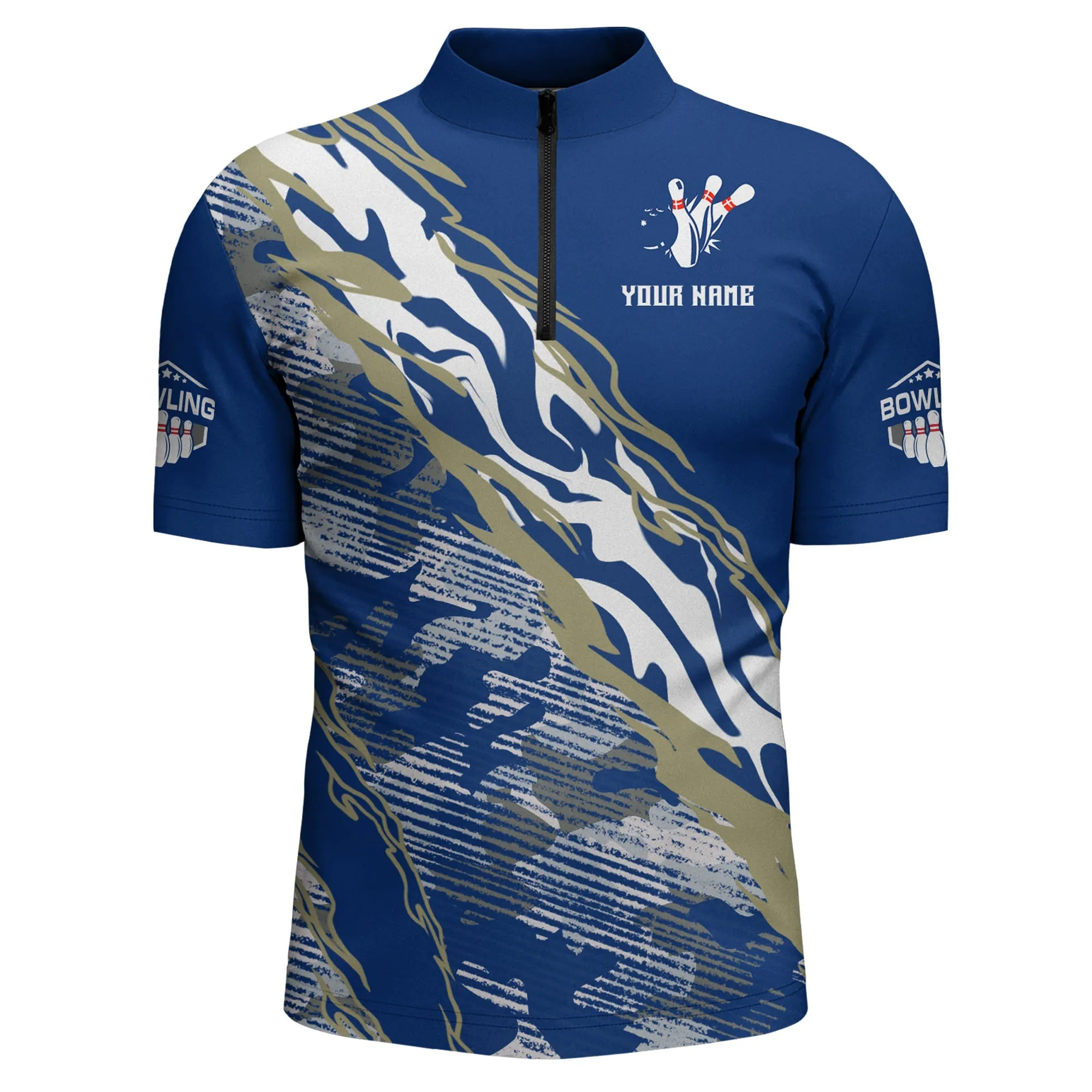 Custom Bowling Shirt for Men Blue Camo Bowling Jersey Flame Bowling Quarter-Zip Shirt