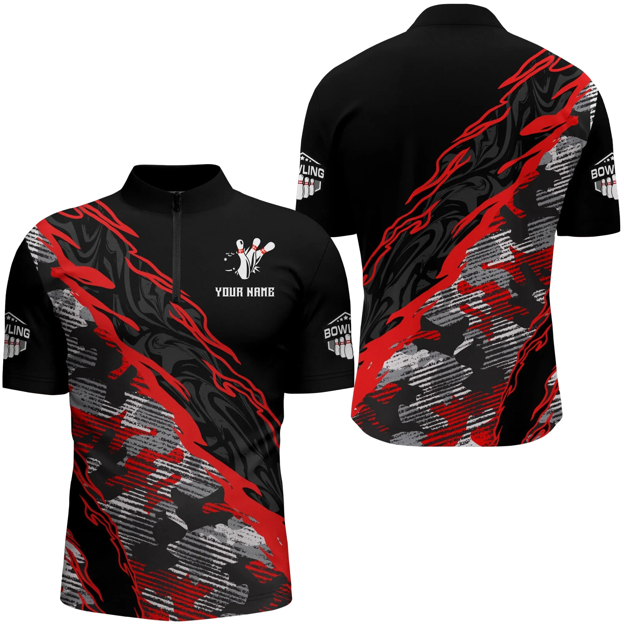 Custom Bowling Shirt for Men Blue Camo Bowling Jersey Flame Bowling Quarter-Zip Shirt