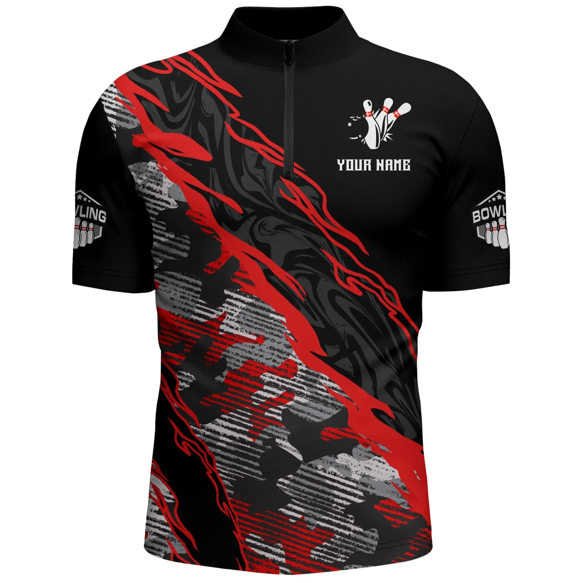 Custom Bowling Shirt for Men Blue Camo Bowling Jersey Flame Bowling Quarter-Zip Shirt