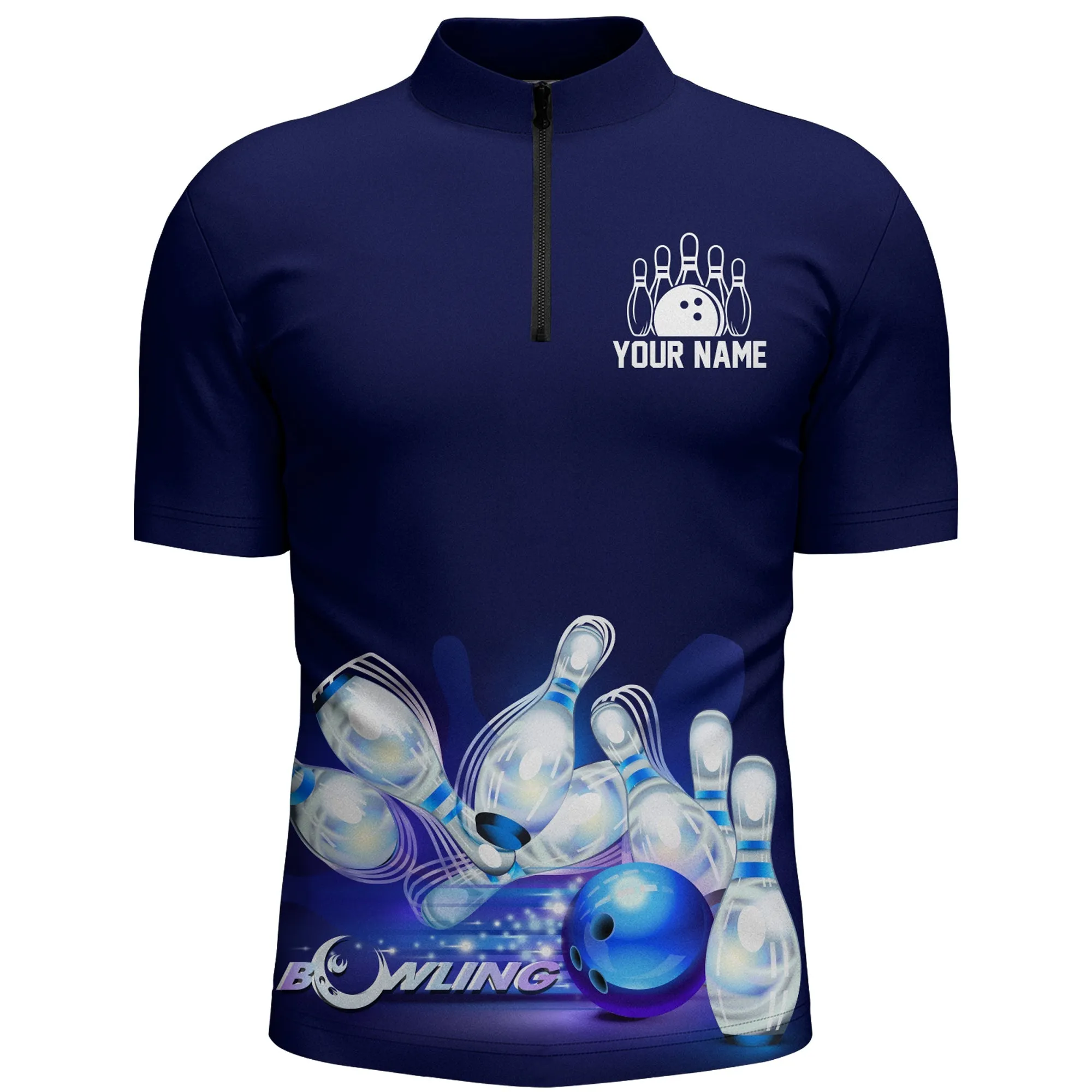 Custom Bowling Shirt for Men, Don't Worry Bowl Happy, Blue Bowling Quarter-Zip Shirt Men Bowlers