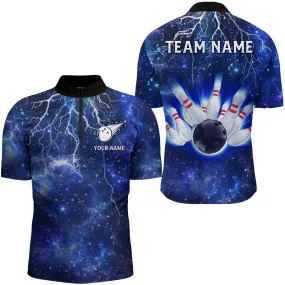 Custom Navy Bowling Quarter-Zip Shirt For Men Lightning Thunder Bowling Jersey Team League