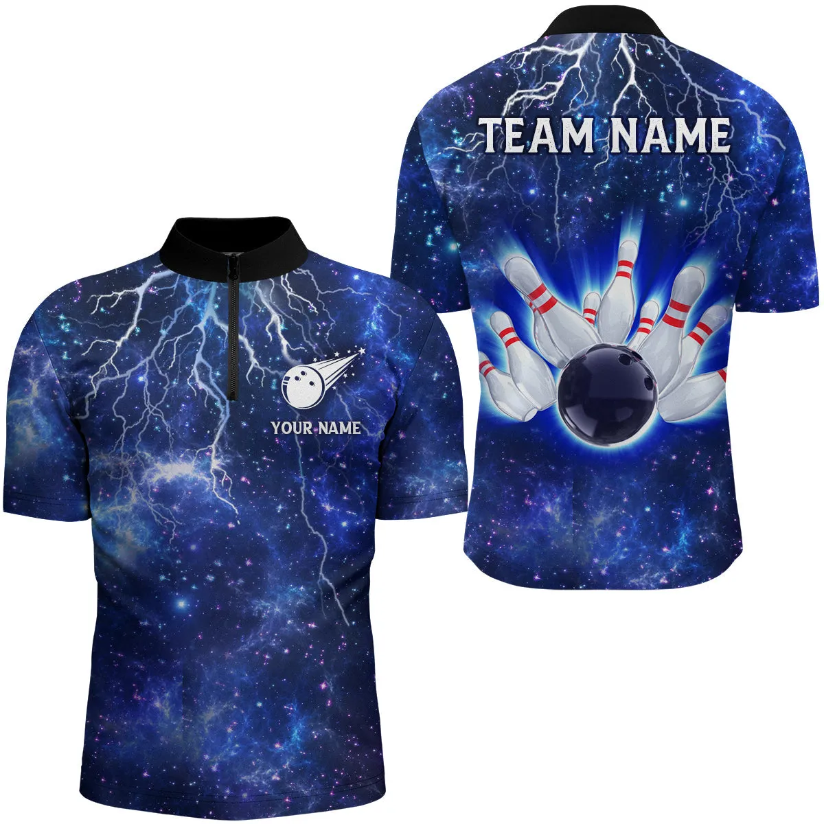 Custom Navy Bowling Quarter-Zip Shirt For Men Lightning Thunder Bowling Jersey Team League