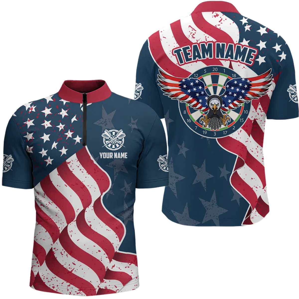 Darts Pattern Waving American Flag White Quarter-Zip Shirt Patriotic Dart Jersey For Men