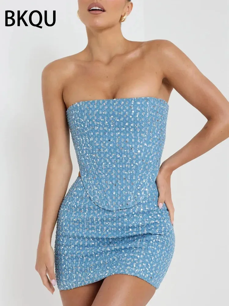 DERMEARNE BKQU Sequins Denim Two Piece Pants Set Women Sexy Strapless Zipper Corset Tank Tops and Wide Leg Jeans Luxury Party Club Outfits