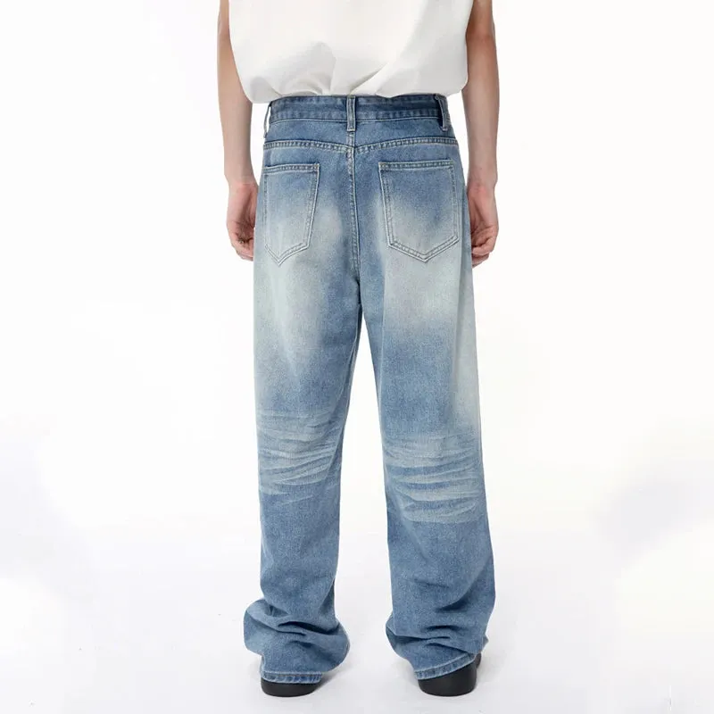 Fashion Men's Denim Pants Casual Worn-out Washing Wide Leg Jeans Vintage Loose Straight Male Trousers Summer 9C6395