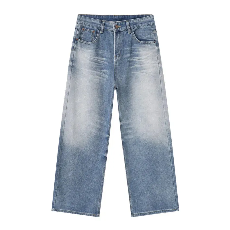 Fashion Men's Denim Pants Casual Worn-out Washing Wide Leg Jeans Vintage Loose Straight Male Trousers Summer 9C6395