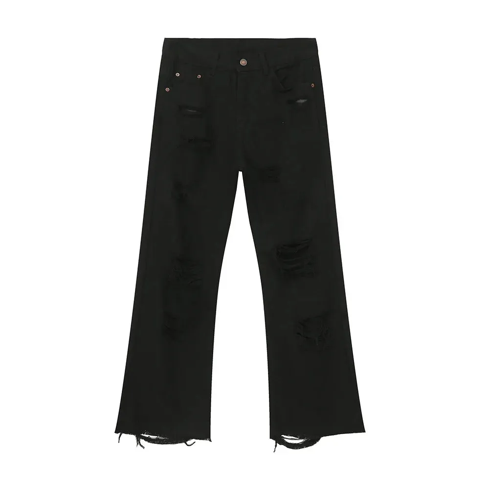 Fashion Slim Men's Denim Pants High Street Casual Hole Pockets Boot Cut Jeans New Stylish Summer Black Trousers 9C6101