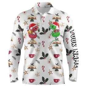 Funny Mens Golf Polo Shirt Christmas Background Custom Name Flamingo Golf Friends Christmas Golf Gift