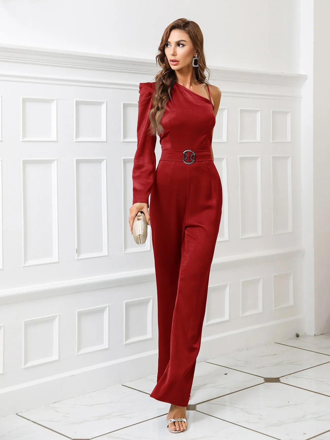 Glamorous Plain Asymmetrical Long Sleeve Asymmetrical Neck High Waist Long Women Jumpsuit