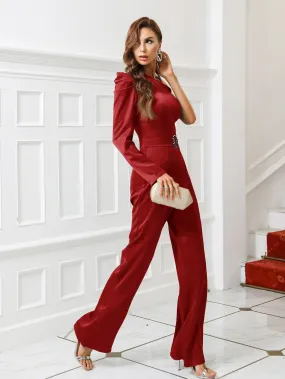 Glamorous Plain Asymmetrical Long Sleeve Asymmetrical Neck High Waist Long Women Jumpsuit