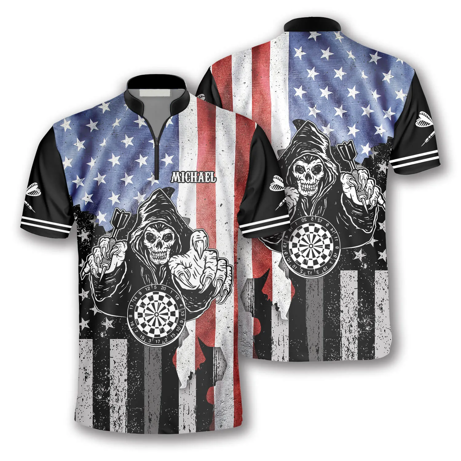 Grim Reaper American Flag Custom Darts Jerseys for Men, 3D All Over Print Dart Shirt, Skull Dart Shirt