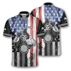 Grim Reaper American Flag Custom Darts Jerseys for Men, 3D All Over Print Dart Shirt, Skull Dart Shirt