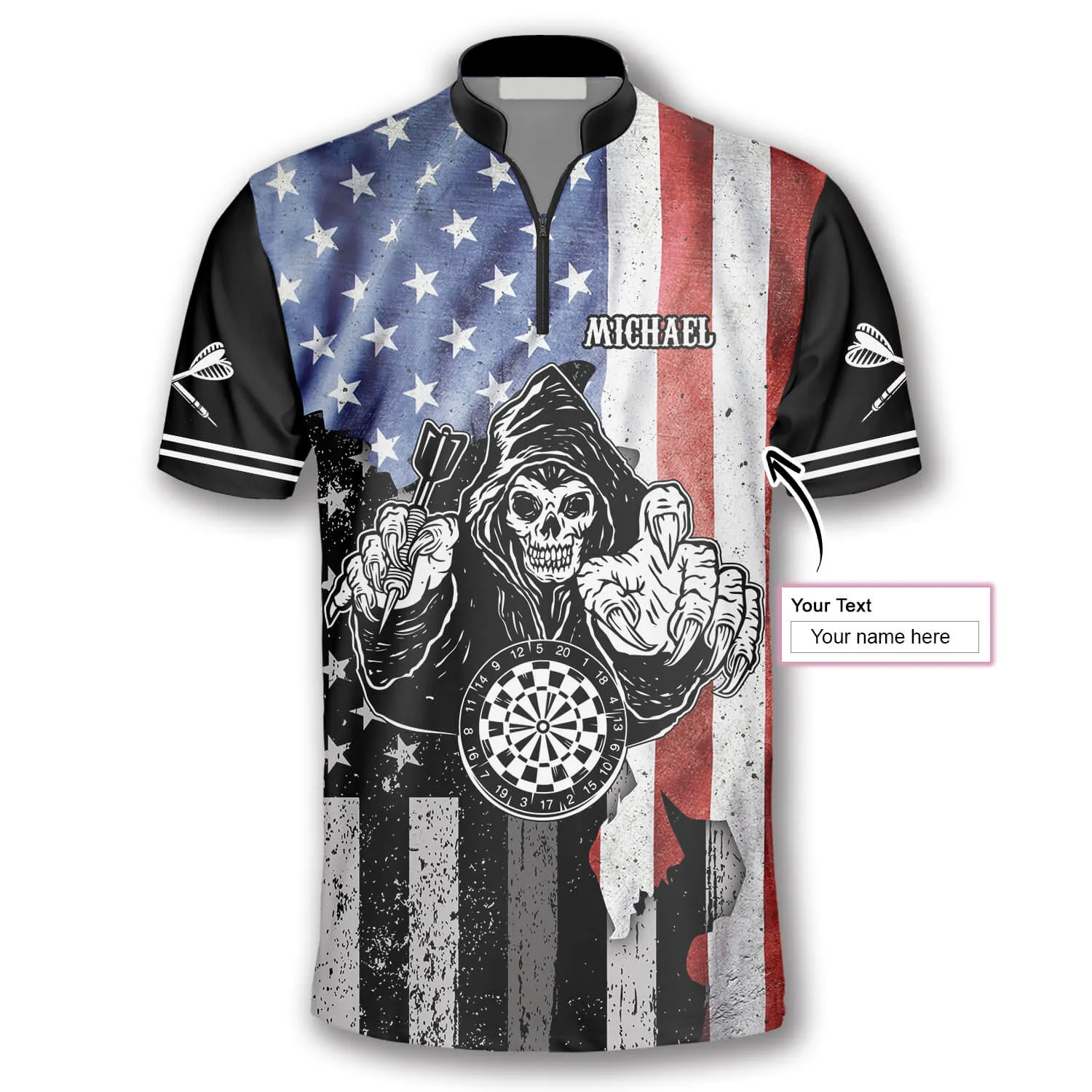 Grim Reaper American Flag Custom Darts Jerseys for Men, 3D All Over Print Dart Shirt, Skull Dart Shirt