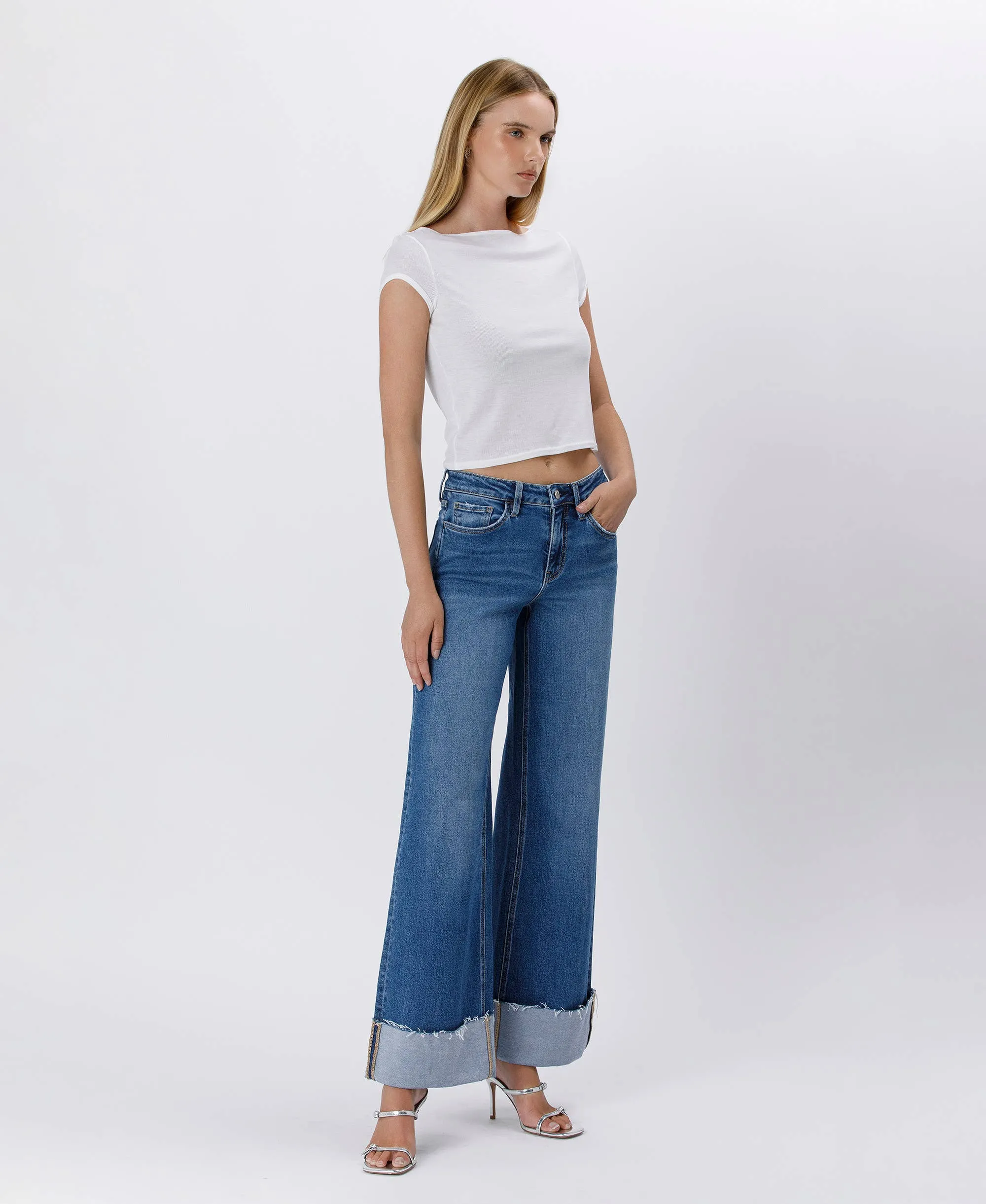 High Rise Cuffed Wide Leg Jeans