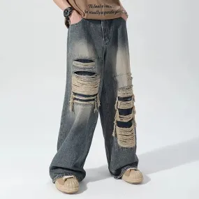High Street Jeans Men's Fashion Worn Out Straight Denim Pants Vintage Male Loose Holes Spliced Wide Leg Jean Pants 9C713