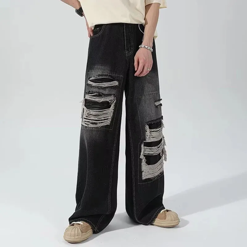 High Street Jeans Men's Fashion Worn Out Straight Denim Pants Vintage Male Loose Holes Spliced Wide Leg Jean Pants 9C713