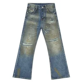 High Street Male Hole Denim Pants New Worn-out Contrast Color Boot Cut Slimming Loose Men‘s Jeans Summer Trendy 9C6680