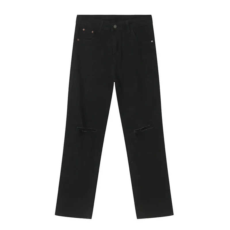 High Street Male Jeans Hole Slim Straight Trouser Loose Wide Leg Men's Denim Pants Casual Solid Color Bottom Fashion 9C6397