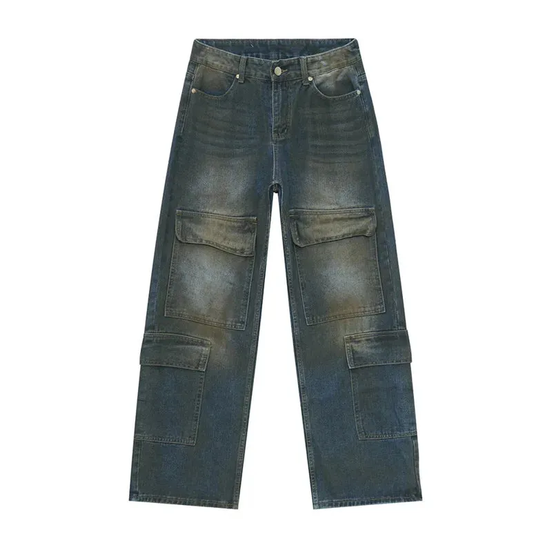 High Street Men's Denim Pants Loose Worn-out Washed Multi-pockets Straight Wide Leg Male Jeans Contrast Color Bottom 9C7029