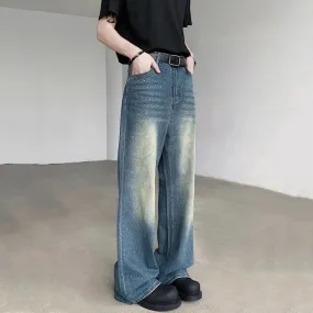 High Street Men's Denim Pants Set Diamond Worn-out Straight Male Jeans Loose Wide Leg Casual Trousers Summer Fashion 9C6407