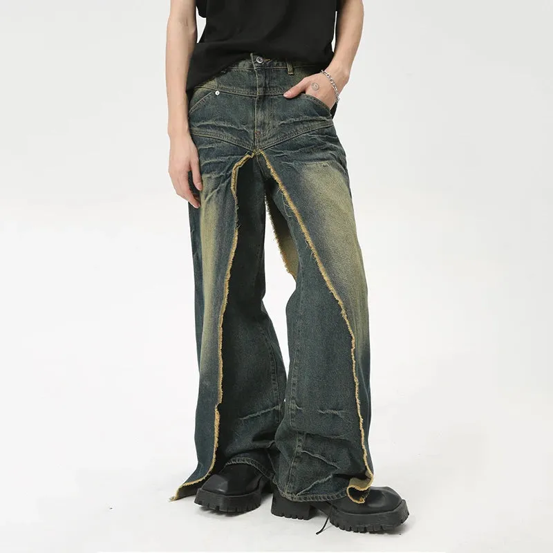 High Street Men's Denim Pants Stylish Casual Fake Two-Piece Pockets Male New Trend Trousers Summer Loose Jeans C6090