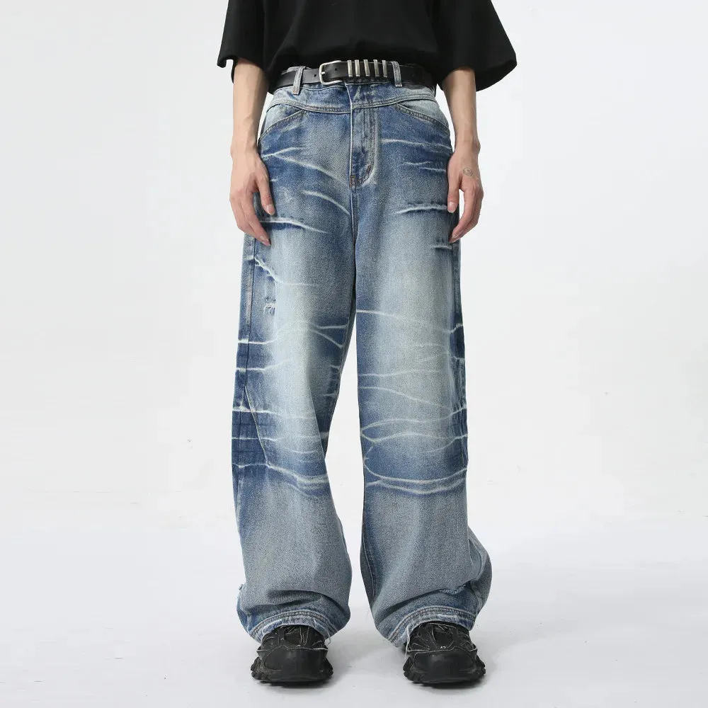 High Street Men's Denim Pants Stylish Casual Male New Trend Washed Crease Trousers Summer Loose Wide Leg Jeans 9C6095