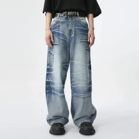 High Street Men's Denim Pants Stylish Casual Male New Trend Washed Crease Trousers Summer Loose Wide Leg Jeans 9C6095