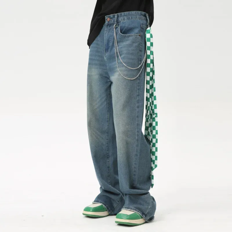 High Street Men's Denim Pants Stylish Casual Pockets Wide Leg Trousers Summer Loose Jeans Male Trend 9C6163