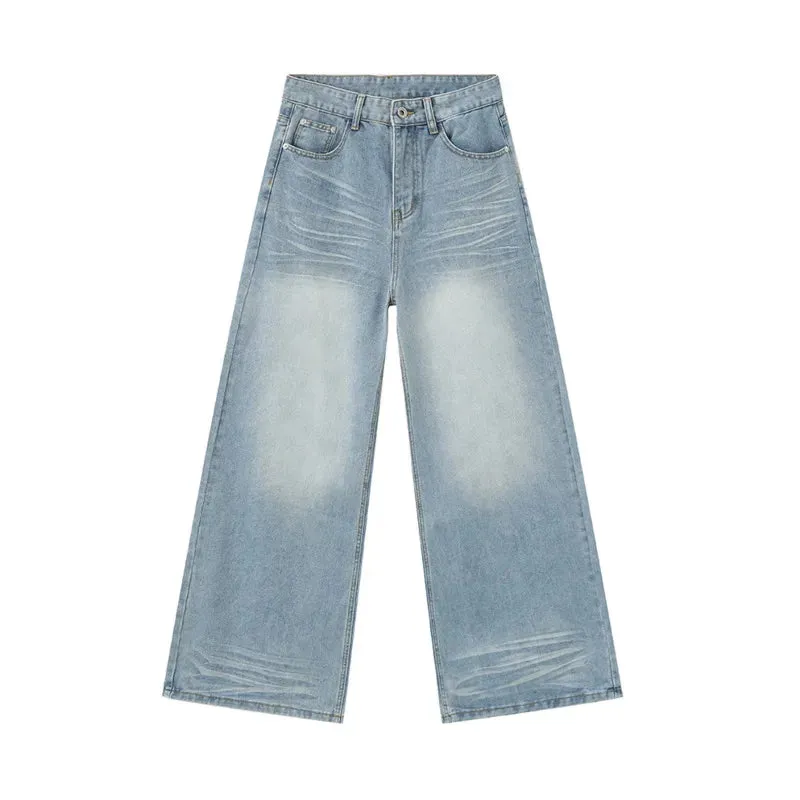 High Street Men's Denim Pants Stylish Casual Washed Crease Pockets Male Trend Trousers Summer Loose Jeans 9C6285