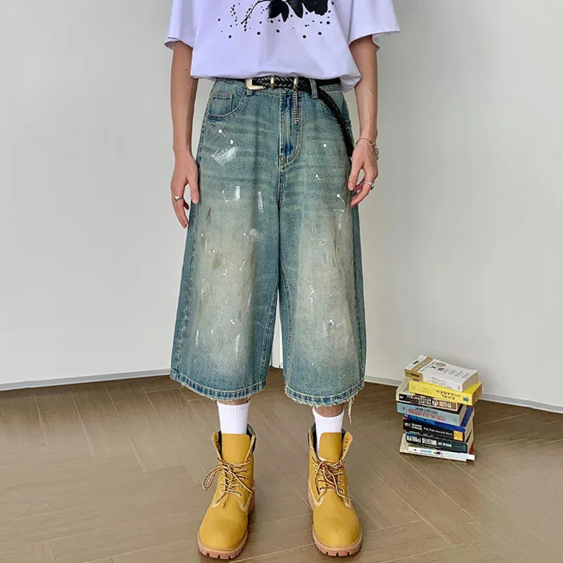 High Street Men's Denim Shorts Casual Splash-ink Worn-out Jeans Straight Leg Male Loose Bottom Summer Fashion 9C6800