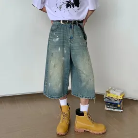 High Street Men's Denim Shorts Casual Splash-ink Worn-out Jeans Straight Leg Male Loose Bottom Summer Fashion 9C6800