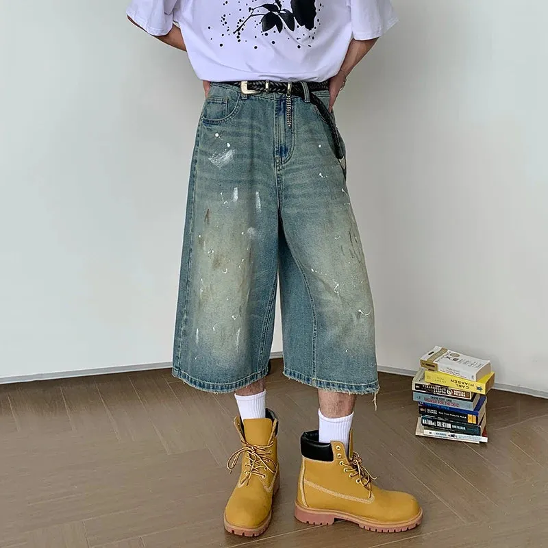 High Street Men's Denim Shorts Casual Splash-ink Worn-out Jeans Straight Leg Male Loose Bottom Summer Fashion 9C6800