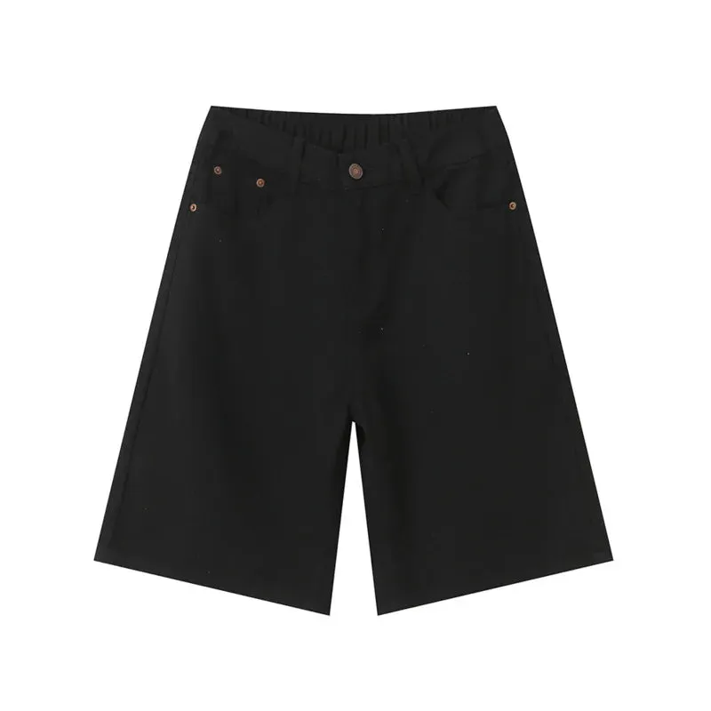 High Street Men's Denim Shorts Loose Straight Wide Leg Jeans Solid Color Male Casual Trousers Chic Summer 9C6387