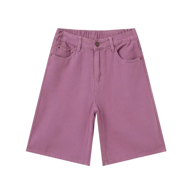 High Street Men's Denim Shorts Loose Straight Wide Leg Jeans Solid Color Male Casual Trousers Chic Summer 9C6387