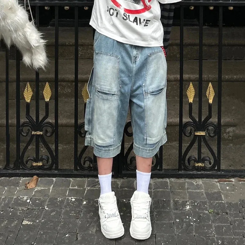 High Street Men's Denim Shorts Washing Worn-out Patchwork Bottom Straight Wide Leg Male Jeans Trend Summer 9C6821