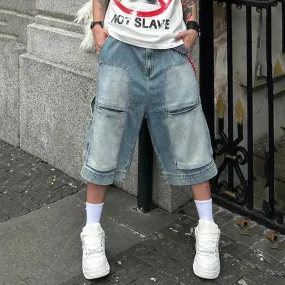 High Street Men's Denim Shorts Washing Worn-out Patchwork Bottom Straight Wide Leg Male Jeans Trend Summer 9C6821
