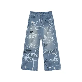 High Street Men's Jeans Graffiti Contrast Color Trousers Straight Wide Leg Male Denim Pants Fashion Summer 2024 9C6793
