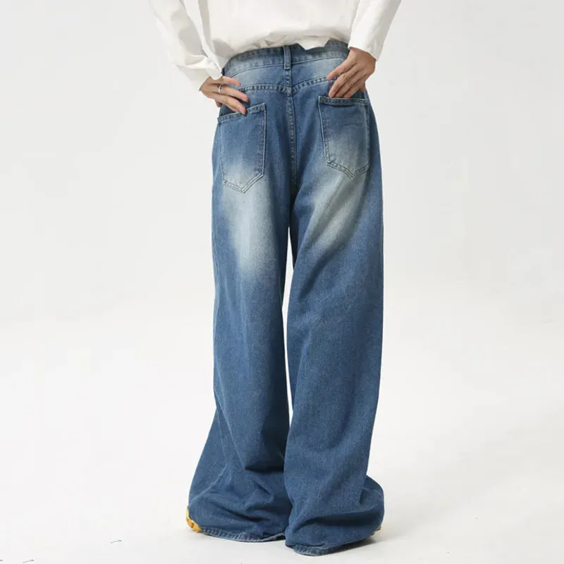 High Street Men's Jeans New Summer Water Washed Folded Draping Wide Leg Trendy Denim Pants Casual Straight 9C6100