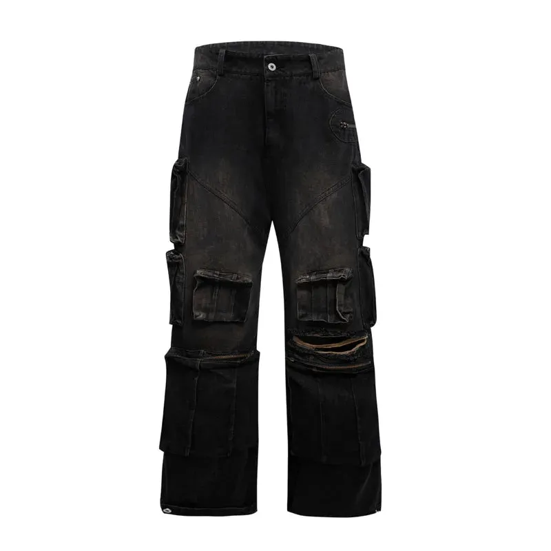 High Street Men's Jeans Worn-out Multi Pocket Design Hand Painting Hole Straight Loose Male Denim Pants Summer 24Y156