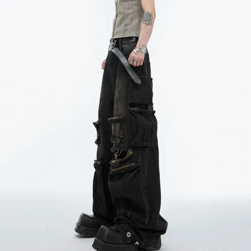 High Street Men's Jeans Worn-out Multi Pocket Design Hand Painting Hole Straight Loose Male Denim Pants Summer 24Y156