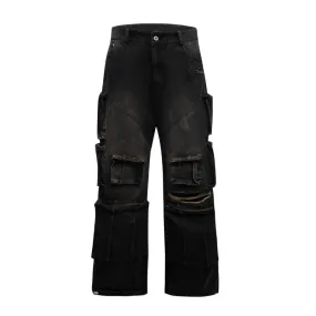 High Street Men's Jeans Worn-out Multi Pocket Design Hand Painting Hole Straight Loose Male Denim Pants Summer 24Y156