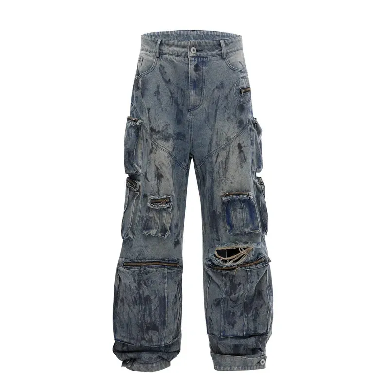 High Street Men's Jeans Worn-out Multi Pocket Design Hand Painting Hole Straight Loose Male Denim Pants Summer 24Y156