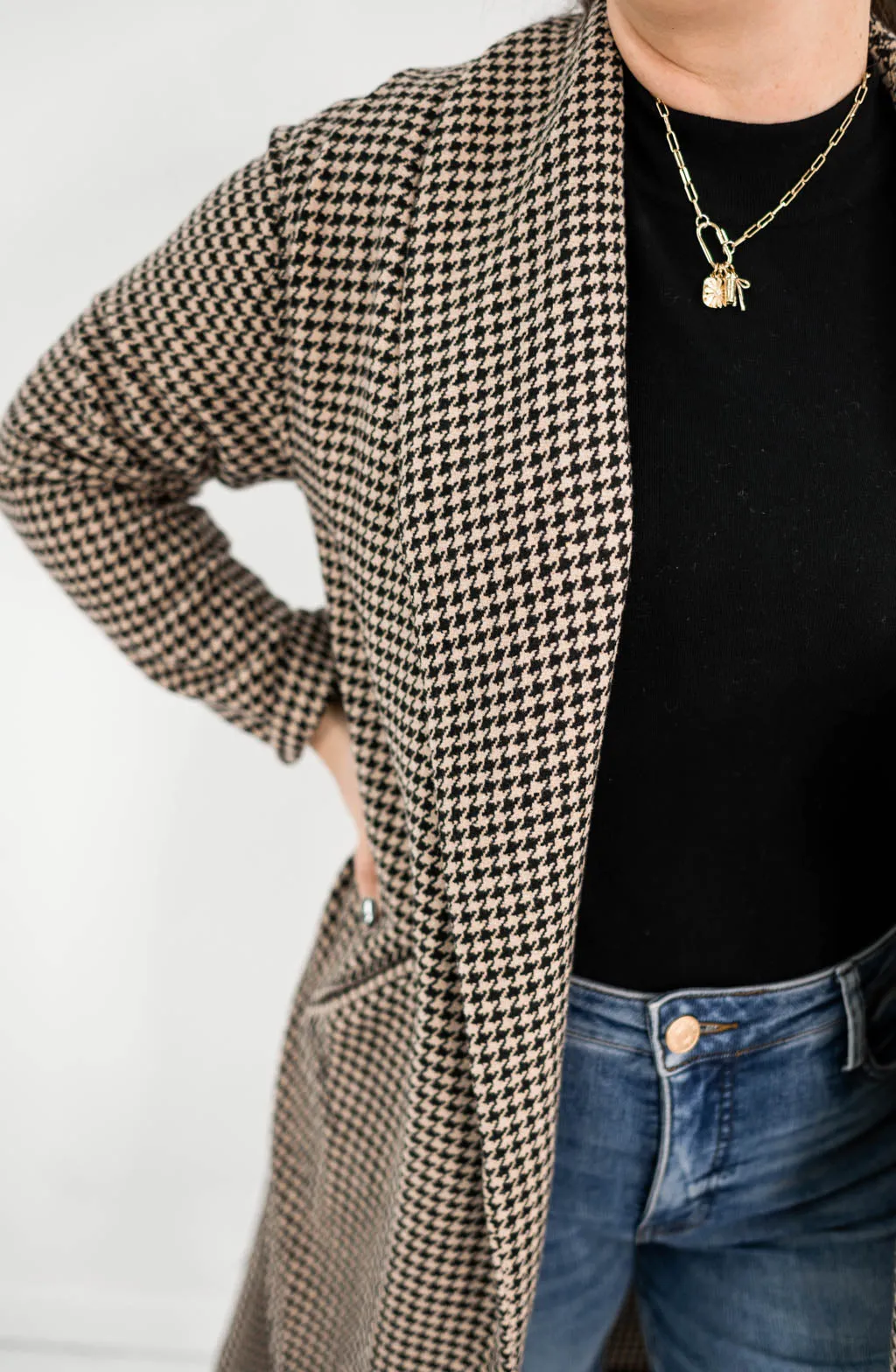 Houndstooth Collared Open Long Coat