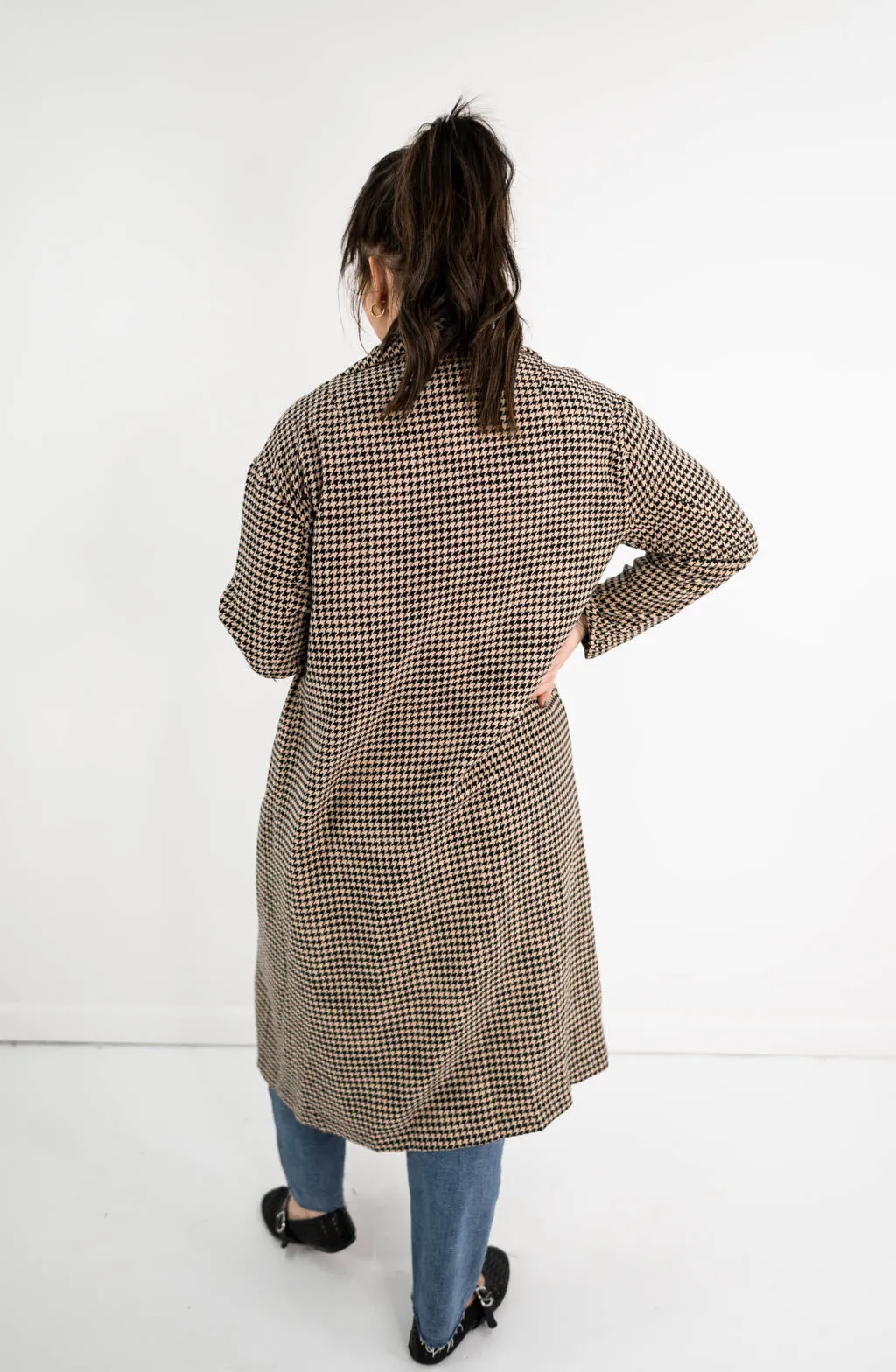 Houndstooth Collared Open Long Coat