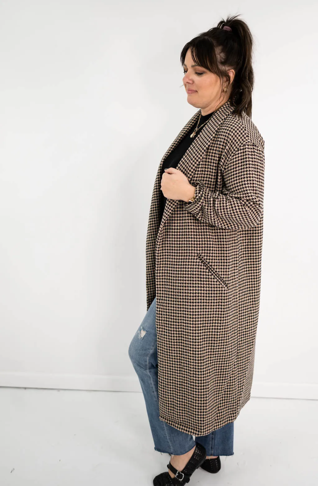 Houndstooth Collared Open Long Coat