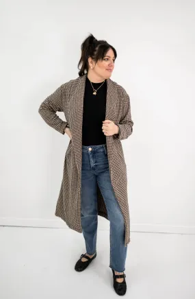 Houndstooth Collared Open Long Coat